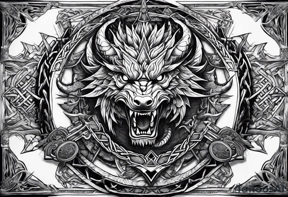 Valhalla sword shield dragon axe Valknut barbed wire chains tattoo idea
