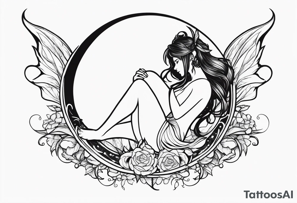 A fairy with a tail inspired by the logo of the show called Fairy Tail in a fetal position leaning in tattoo idea