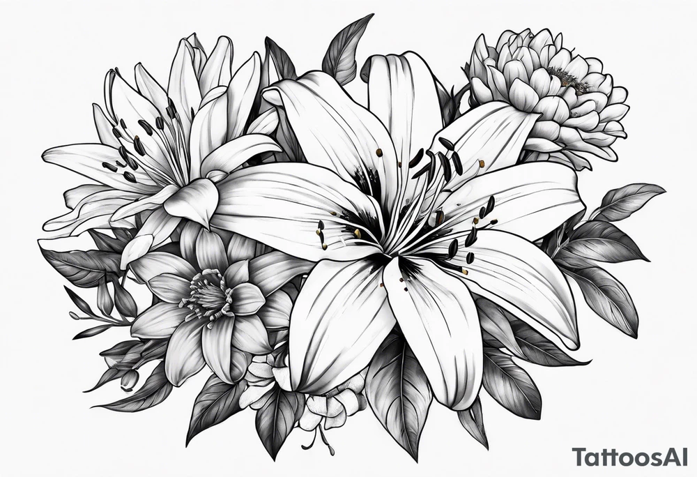 lily, marigold, cosmo, and aster tattoo idea