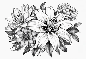 lily, marigold, cosmo, and aster tattoo idea