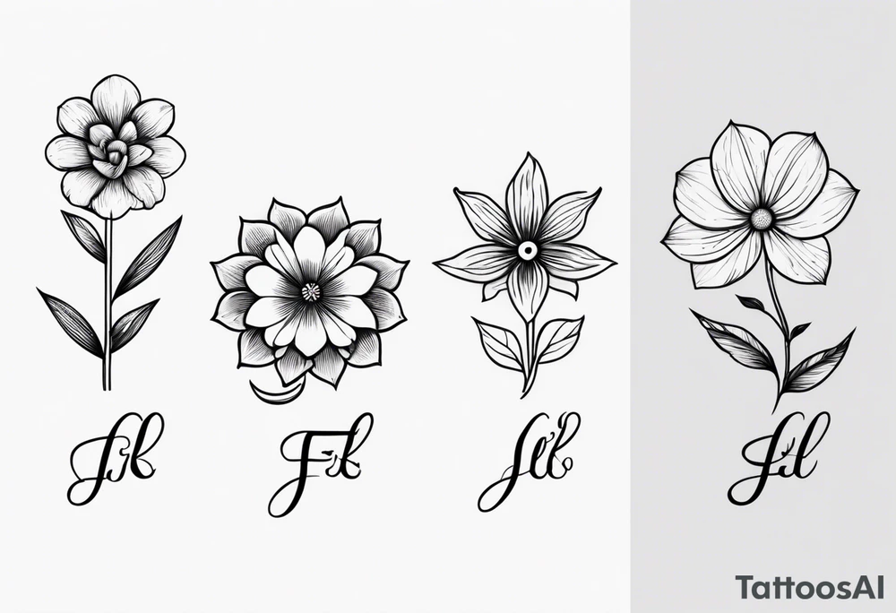 Four small flowers with initials J, F, K, & L in them tattoo idea