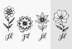Four small flowers with initials J, F, K, & L in them tattoo idea