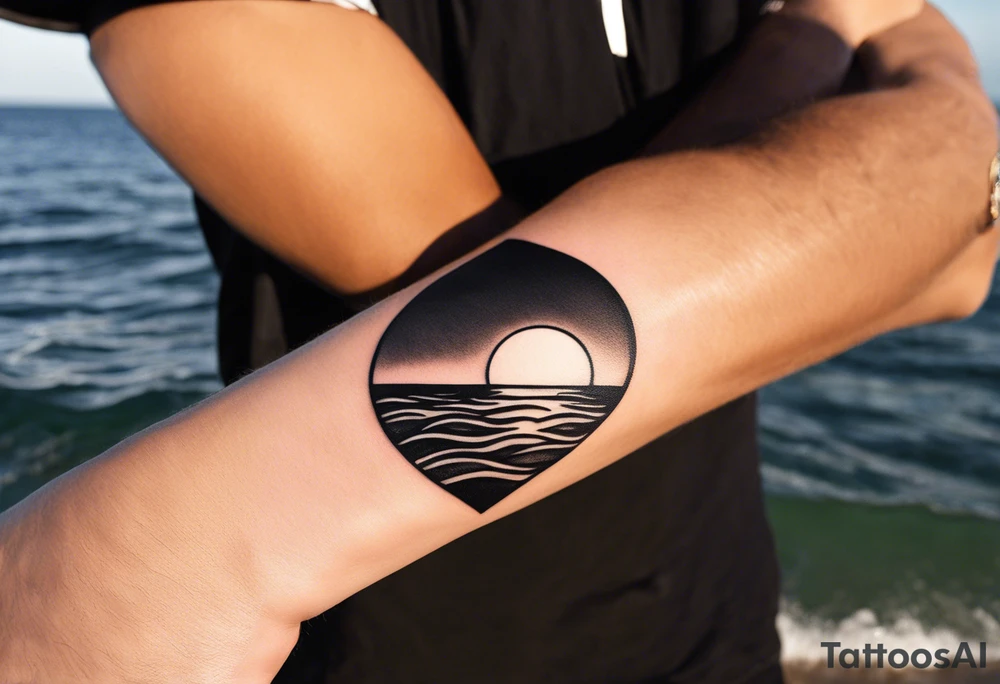 Minimalistic, black and white tattoo on male forearm. From the perspective of being on the ocean, the water is calm, with no waves in sight, the sun is setting behind the ocean, reflecting light onto the water. The tattoo in the shape of a rectangle, 4 inches wide by 2 inches tall. tattoo idea