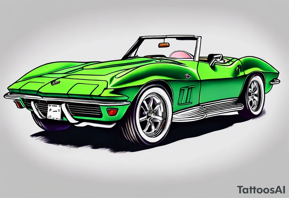 A skeleton, smoking a cigarette and throwing a beer can while driving a green convertible 1976 Corvette tattoo idea