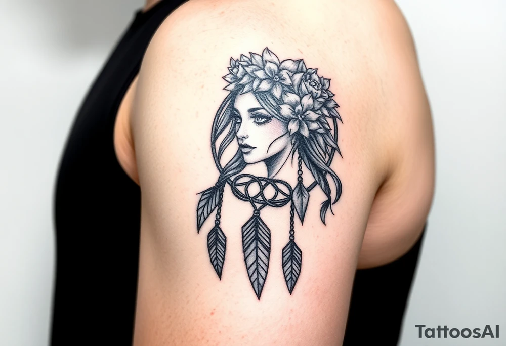Half sleeve on arm. I already have a girl with flower crown in my shoulder and upper outer arm. Add a dream catcher and Catrina face. Use black and red ink. tattoo idea