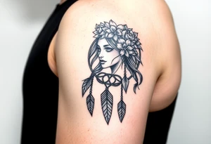Half sleeve on arm. I already have a girl with flower crown in my shoulder and upper outer arm. Add a dream catcher and Catrina face. Use black and red ink. tattoo idea