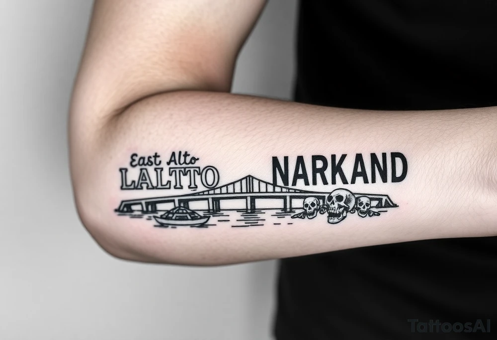 “East Palo Alto” city sign and “Newark” city sign on opposite sides of a bridge going across water in California with skulls and money and  scarface tattoo idea