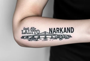 “East Palo Alto” city sign and “Newark” city sign on opposite sides of a bridge going across water in California with skulls and money and  scarface tattoo idea