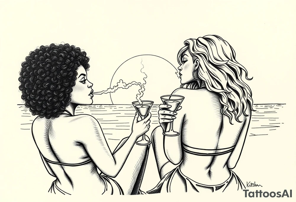 Two females One of the females is dark skin with Curly puffy hair The other girl is light skin and has wavy hair, sitting in front of a sunset on the beach, smoking a blunt with margarita glasses next to them tattoo idea