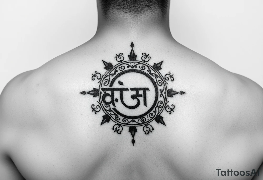 Create a tattoo that writes the Hindi word "Anichya" with A circle or spiral, which represents the cyclical nature of life and death tattoo idea