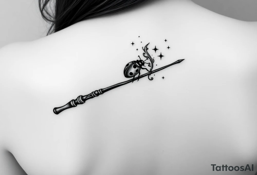 A ladybug getting out of hermione's magic wand like it was a spell. Magic dust all around the wand that looks almost smoky. I also want some small details around it that would make a piggyback on harry potter's movie like harry's glasses, a lightning, the golden snitch, etc... tattoo idea