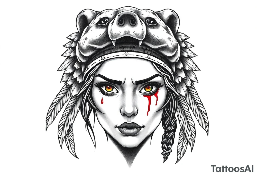 Symmetrical Beautiful Woman, looking forward, with colored eyes, shedding a tear, with battle scars and blood on face, wearing a mean looking bear headdress on head tattoo idea