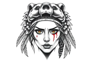 Symmetrical Beautiful Woman, looking forward, with colored eyes, shedding a tear, with battle scars and blood on face, wearing a mean looking bear headdress on head tattoo idea