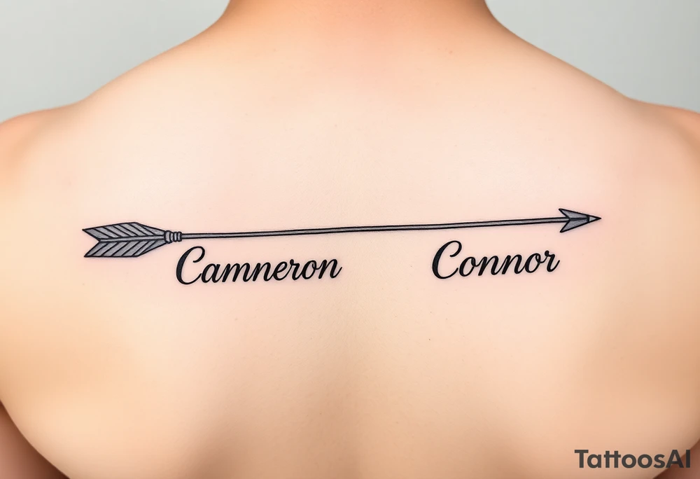 two feminine fine line bow arrows one with the name Cameron and the other with the name Connor tattoo idea