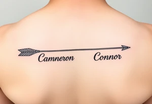 two feminine fine line bow arrows one with the name Cameron and the other with the name Connor tattoo idea