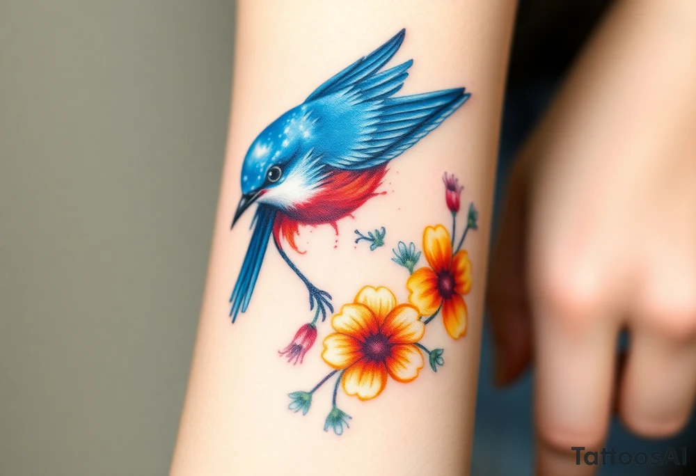 Angry bluebird surrounded by wild flowers tattoo idea