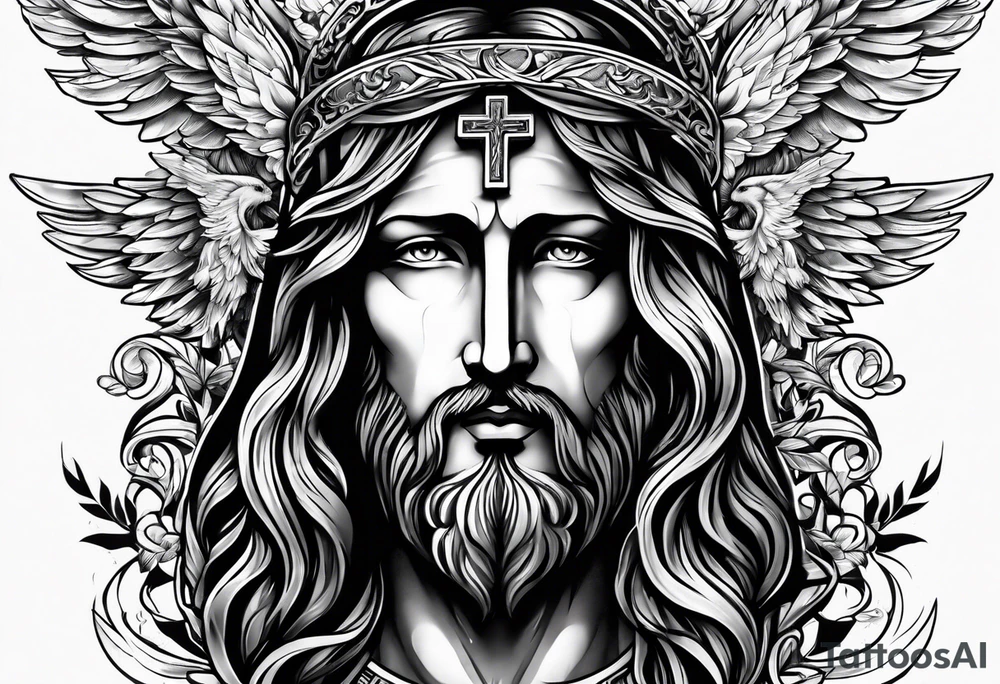 Black and white Jesus cross and angels tattoo sleeve tattoo idea