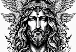 Black and white Jesus cross and angels tattoo sleeve tattoo idea