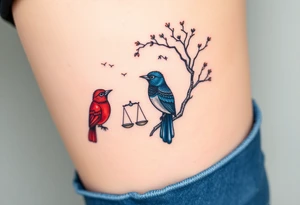 2 birds as the focus, 1 red bird in a suit, 1 navy blue bird with glasses, scales of justice in a tree, starry night painting and mountain background tattoo idea