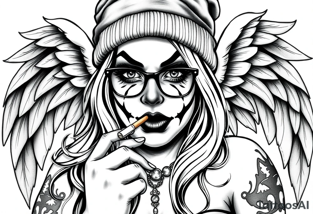 Chicana BBL fat sexy chunky plus size beautiful long hair clown makeup angel wings thug beanie eyeglasses smoking a cigarette tattoo idea