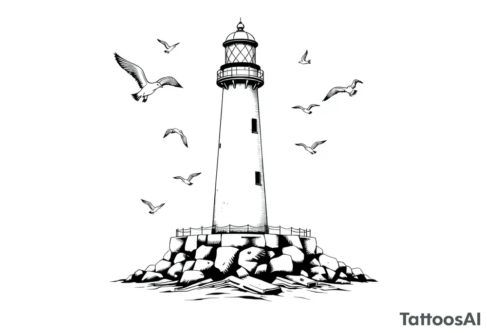 Lighthouse in the sea with jetty around flying seagulls tattoo idea