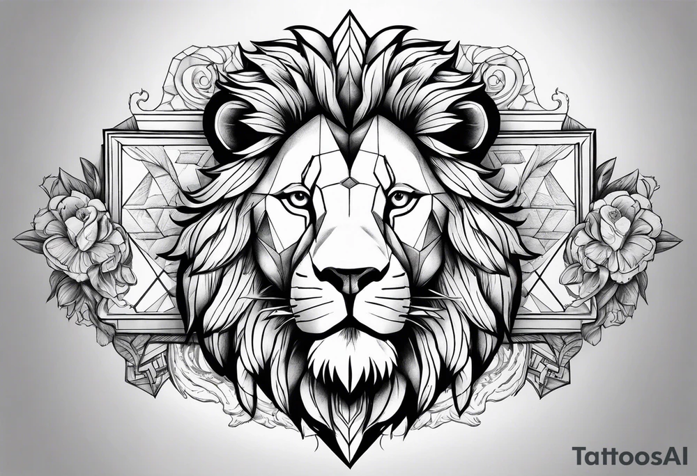 Chest piece with a lion standing over a crowd of angles tattoo idea