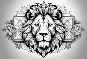 Chest piece with a lion standing over a crowd of angles tattoo idea