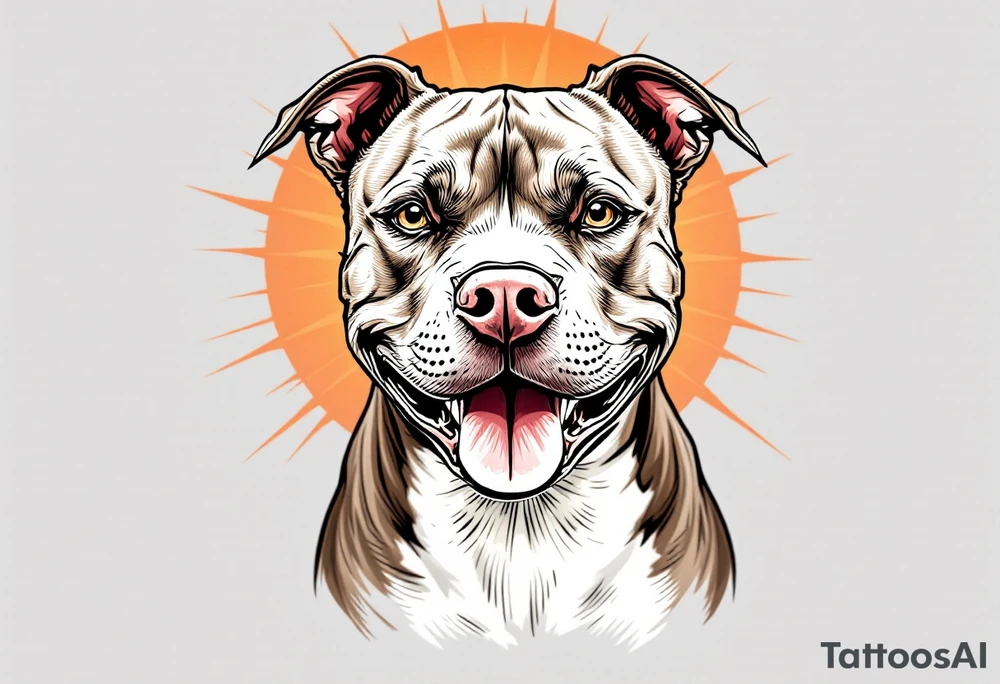 Portrait of a smiling pitbull, soft brown fur and white chest, playful expression, set against a sunburst background in warm orange tones. tattoo idea