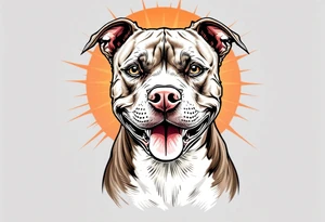 Portrait of a smiling pitbull, soft brown fur and white chest, playful expression, set against a sunburst background in warm orange tones. tattoo idea