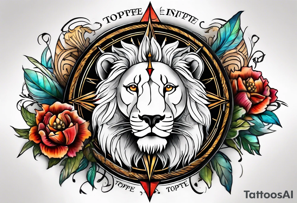 Sleeve tattoo with the word topete, a compass and a lions head tattoo idea