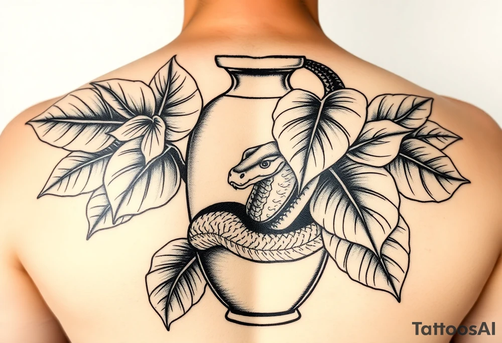 Large Decorative ornamental
 vase with large philodendron leaves with a snake wrapped around showing the head of the snake tattoo idea