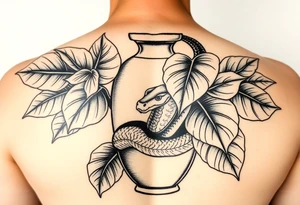Large Decorative ornamental
 vase with large philodendron leaves with a snake wrapped around showing the head of the snake tattoo idea