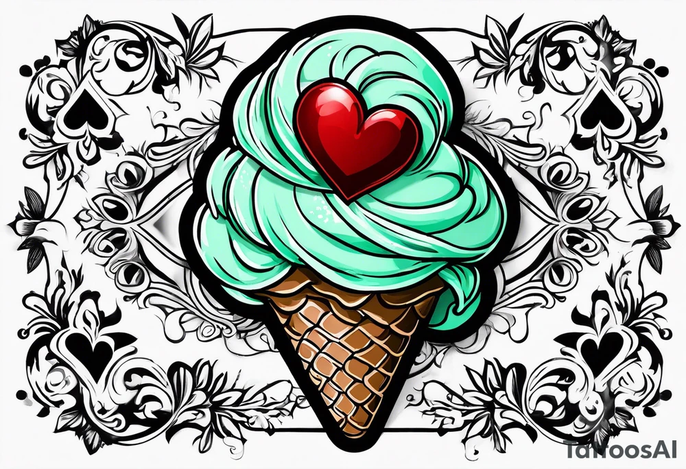 mint chocolate chip ice cream cone with small red heart on it somewhere. tattoo idea