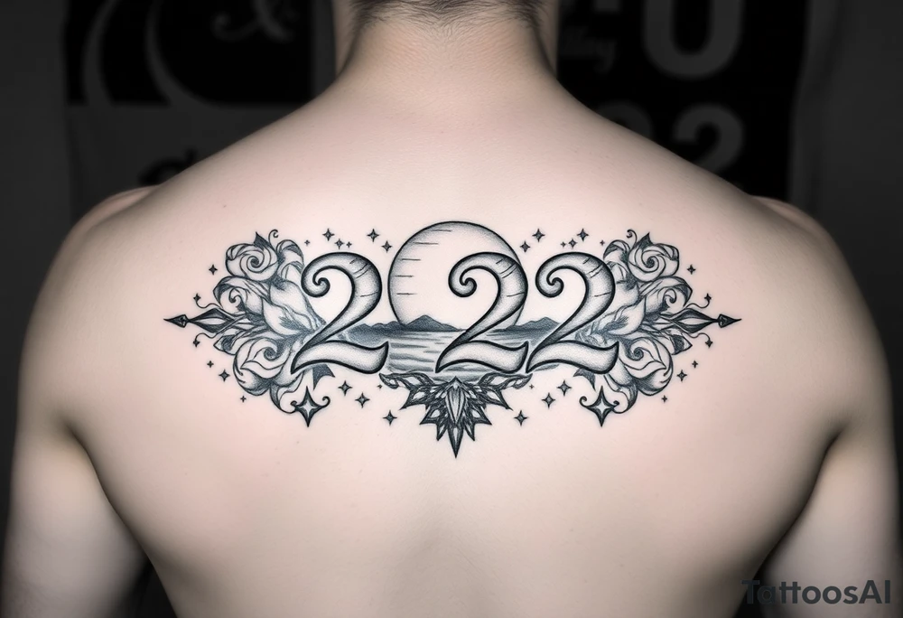Bold 222 surrounded with sunset and love and stardust and vibration tattoo idea