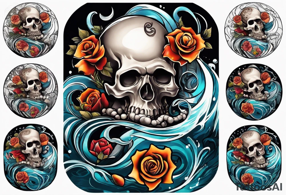 Left thigh tattoo with an octopus in water swirls wrapping around rocks, skulls, a rose, fall colors tattoo idea