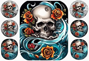 Left thigh tattoo with an octopus in water swirls wrapping around rocks, skulls, a rose, fall colors tattoo idea