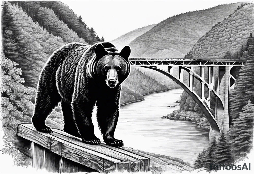 Large thigh tattoo, realism, black and white, black bear with the new river gorge bridge in the background tattoo idea