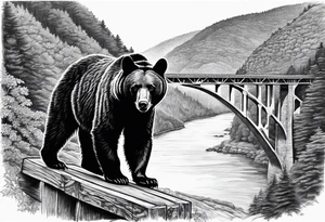 Large thigh tattoo, realism, black and white, black bear with the new river gorge bridge in the background tattoo idea