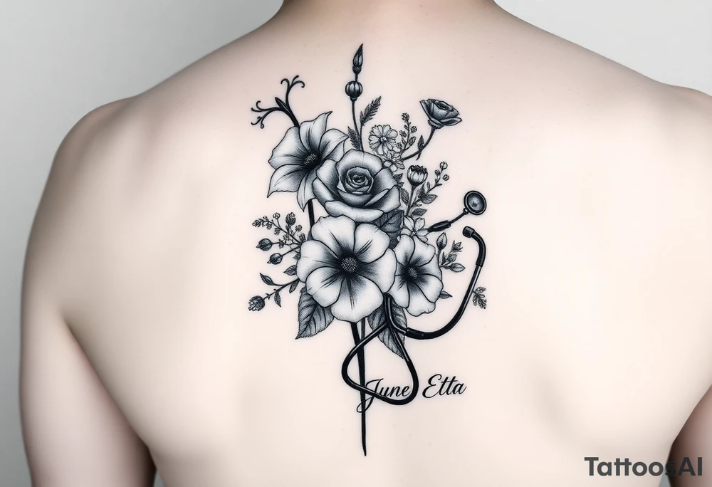 6 inches tall by 4 inches wide approximately, black and white tattoo with a bouquet of hollyhocks, one wild rose, and wild flowers, include a stethoscope along the side without putting it into the bouquet and the name June Etta , make the stethoscope more noticeable and make the tattoo taller than it is wide tattoo idea