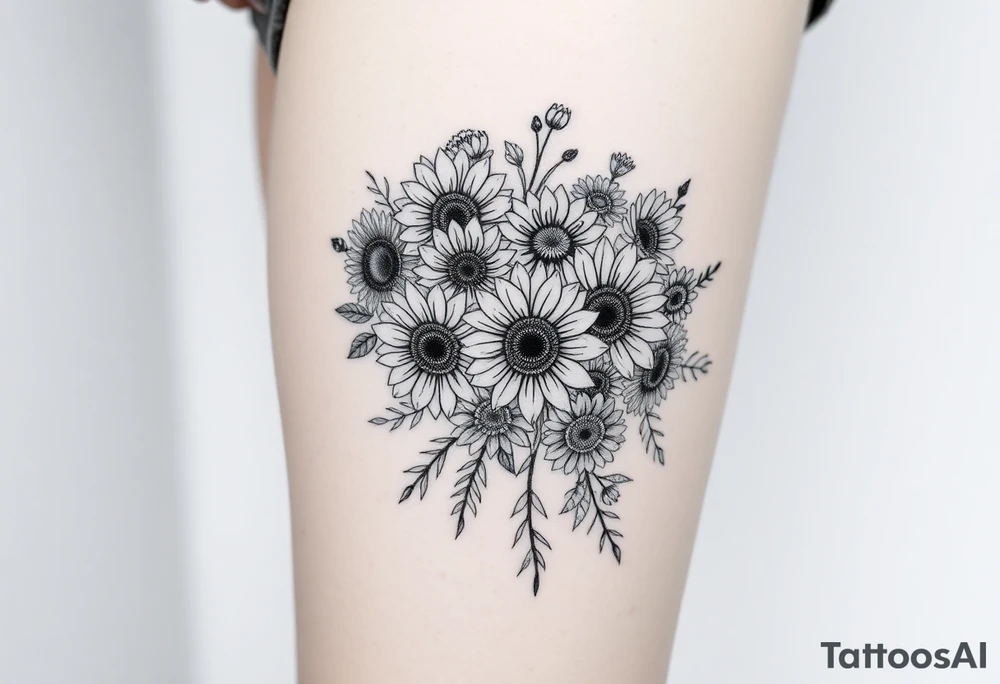 Bouquet of sunflowers, water Lillies, dahlias, marigolds, carnations, hydrangeas, daisys, and chrysanthemums tattoo idea