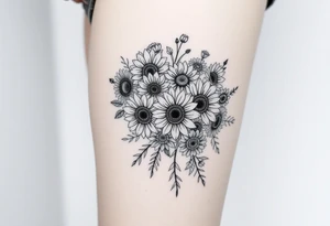 Bouquet of sunflowers, water Lillies, dahlias, marigolds, carnations, hydrangeas, daisys, and chrysanthemums tattoo idea