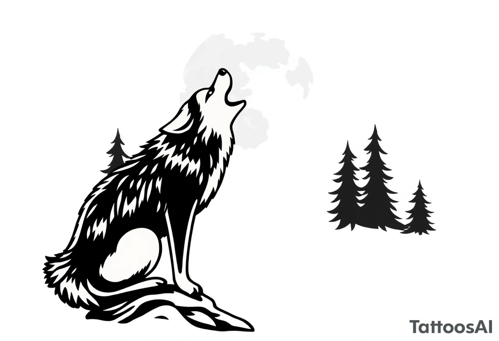 lone wolf howling at full moon with northern lights backdrop tattoo idea