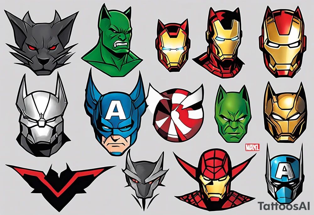 I want to change Avengers Team characters with animals. Hulk will be Badger, Thor will be Alpha Grey Wolf, Captain America will be Bull, Iron Man will be Canary, Black Widow will be Axolotl, Hawk Eye will be Sudan Plated Lizard and Nick Fury will be Cat. tattoo idea