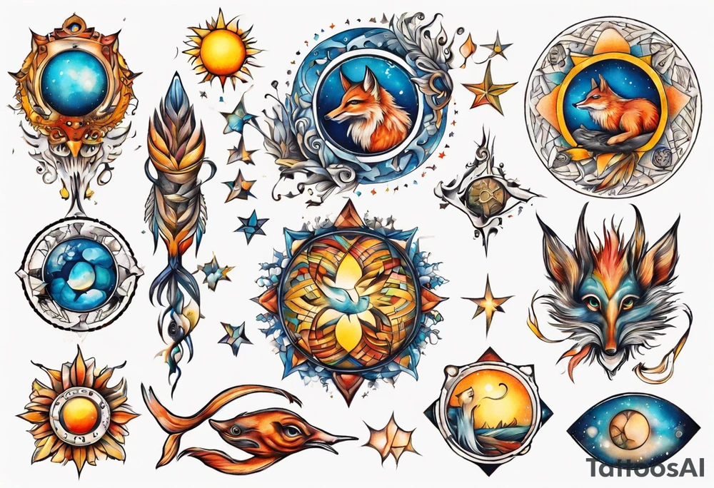 fisch, fuchs und eule , symetrie  sonne, universum, bunt, " sapere aude" tattoo idea