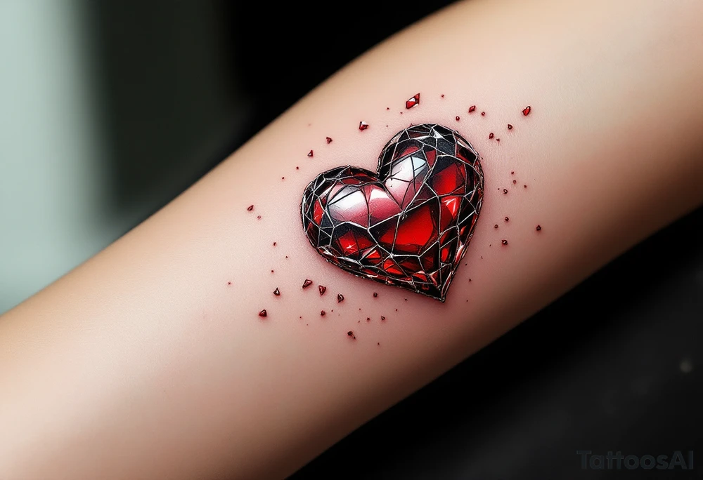 A shattered glass heart in deep red and silver, with tiny shards floating around, representing fragility and loss. tattoo idea