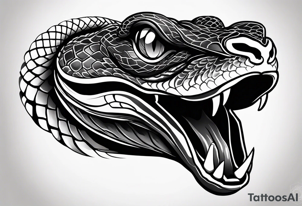 black and white drawing of a snake head with copper eyes an open mouth tattoo idea