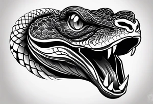 black and white drawing of a snake head with copper eyes an open mouth tattoo idea
