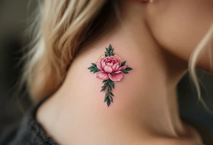 Lada's Symbol — A symmetrical floral cross in soft rose pink and leafy green, resembling a blooming peony, surrounded by a golden halo of light. tattoo idea