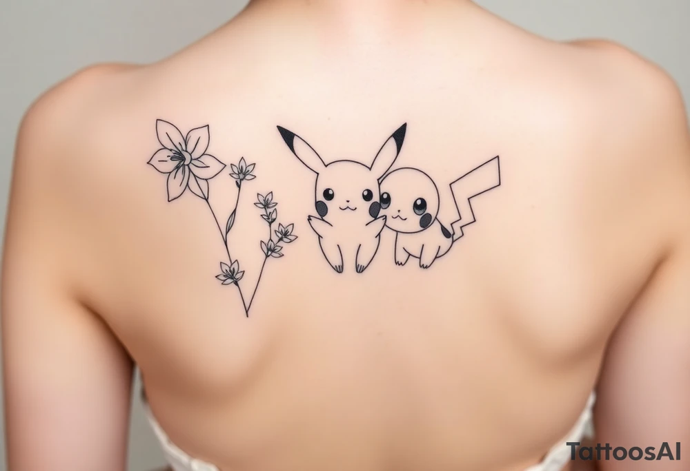 Thin outline of daffodil flowers, narcissist flowers, acute Pikachu and a cute Bulbasaur tattoo idea