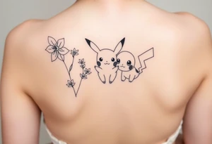 Thin outline of daffodil flowers, narcissist flowers, acute Pikachu and a cute Bulbasaur tattoo idea